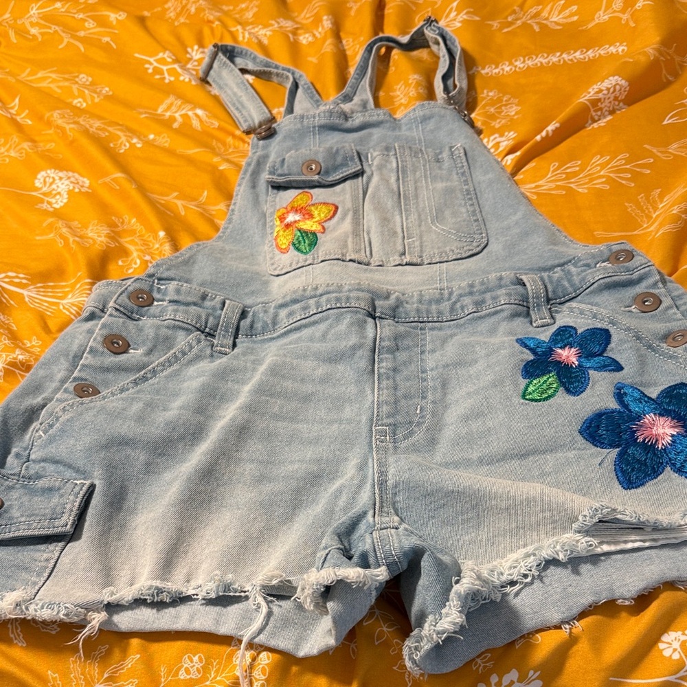 No Boundaries Light Blue Denim Romper with Floral Embroidery